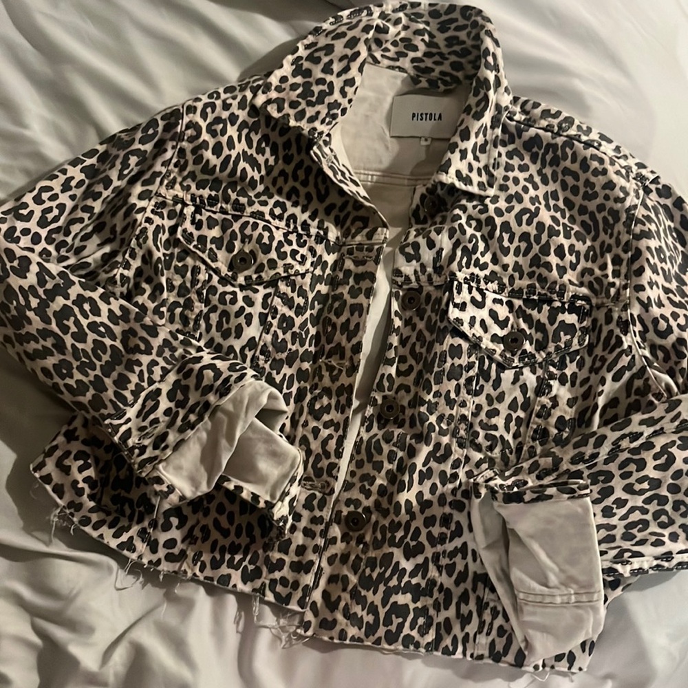 Pistola leopard print denim cropped jacket small